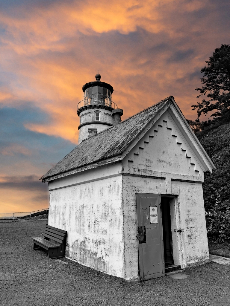 Surreal photograph of Yaquina Head Lighthouse on the Oregon coast.